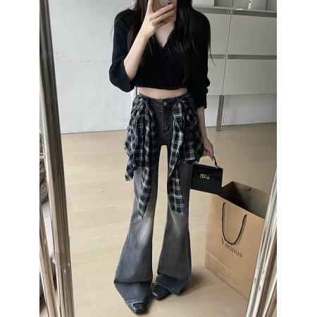 FA38837# 美式设计感微喇牛仔裤女早秋新款渐变水洗修身显瘦喇叭拖地裤 服裝批發女裝批發服飾貨源