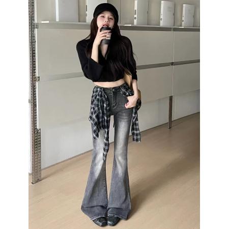 FA38837# 美式设计感微喇牛仔裤女早秋新款渐变水洗修身显瘦喇叭拖地裤 服裝批發女裝批發服飾貨源