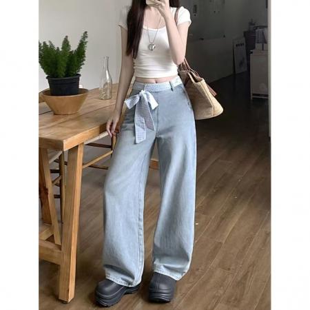 FA38839# 显瘦显高侧拉链蝴蝶结拼接牛仔裤女夏季宽松直筒阔腿拖地长裤子 服裝批發女裝批發服飾貨源