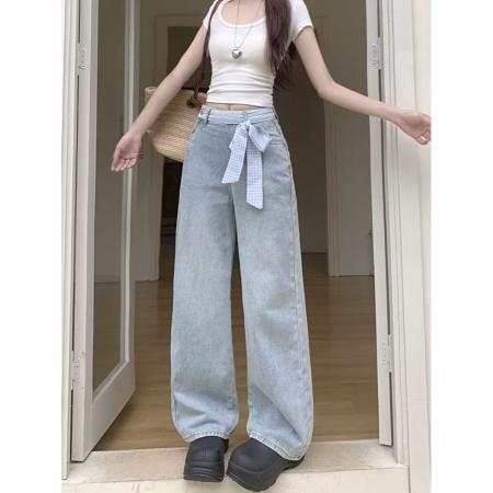 FA38839# 显瘦显高侧拉链蝴蝶结拼接牛仔裤女夏季宽松直筒阔腿拖地长裤子 服裝批發女裝批發服飾貨源