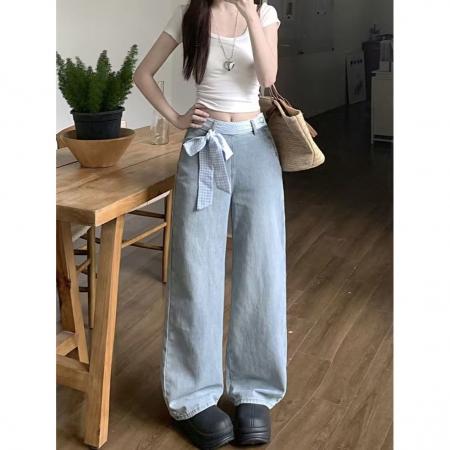 FA38839# 显瘦显高侧拉链蝴蝶结拼接牛仔裤女夏季宽松直筒阔腿拖地长裤子 服裝批發女裝批發服飾貨源