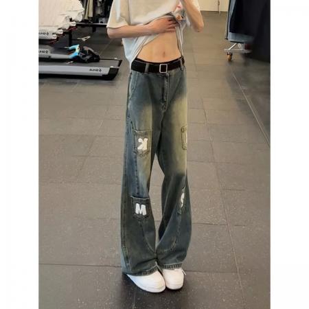 FA38840# 美式复古水洗小众多口袋设计弯刀裤子做旧男女牛仔裤拖地宽松长裤 服裝批發女裝批發服飾貨源