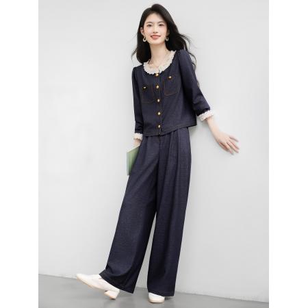 FA38842# 仿牛仔气质套装女秋季新款高级感拼接上衣阔腿裤两件套 服裝批發女裝批發服飾貨源