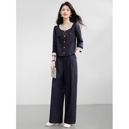 FA38842# 仿牛仔气质套装女秋季新款高级感拼接上衣阔腿裤两件套 服裝批發女裝批發服飾貨源
