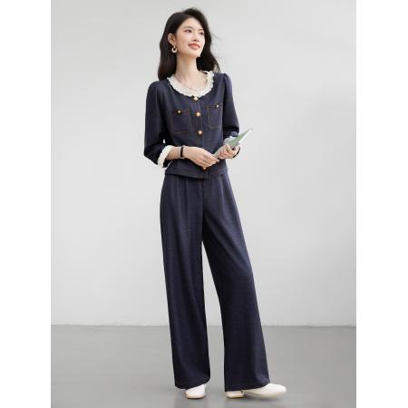 FA38842# 仿牛仔气质套装女秋季新款高级感拼接上衣阔腿裤两件套 服裝批發女裝批發服飾貨源