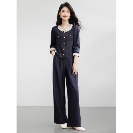 FA38842# 仿牛仔气质套装女秋季新款高级感拼接上衣阔腿裤两件套 服裝批發女裝批發服飾貨源