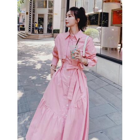 FA38843# 高级小众设计感粉色长袖衬衫连衣裙女春秋独特好看轻熟风气质长裙 服裝批發女裝批發服飾貨源