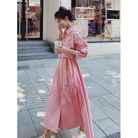 FA38843# 高级小众设计感粉色长袖衬衫连衣裙女春秋独特好看轻熟风气质长裙 服裝批發女裝批發服飾貨源