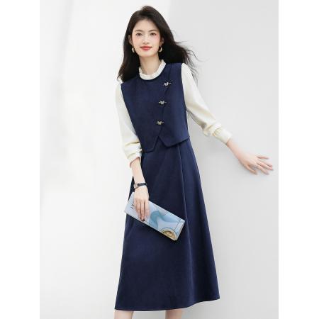 FA38844# 法式假两件连衣裙女初秋新款通勤花边高级感长袖中长裙 服裝批發女裝批發服飾貨源