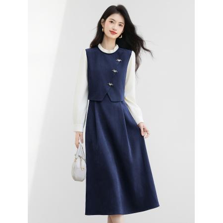 FA38844# 法式假两件连衣裙女初秋新款通勤花边高级感长袖中长裙 服裝批發女裝批發服飾貨源