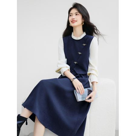 FA38844# 法式假两件连衣裙女初秋新款通勤花边高级感长袖中长裙 服裝批發女裝批發服飾貨源