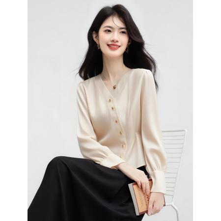 FA38845# 式小香风长袖衬衫女秋新款V领纽扣点缀直筒拼接上衣 服裝批發女裝批發服飾貨源