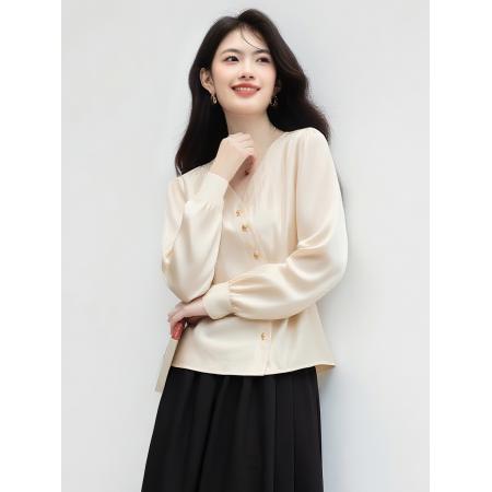FA38845# 式小香风长袖衬衫女秋新款V领纽扣点缀直筒拼接上衣 服裝批發女裝批發服飾貨源