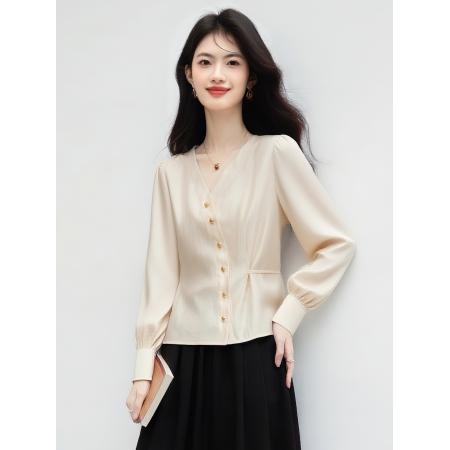 FA38845# 式小香风长袖衬衫女秋新款V领纽扣点缀直筒拼接上衣 服裝批發女裝批發服飾貨源