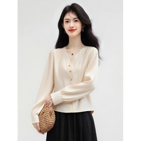 FA38845# 式小香风长袖衬衫女秋新款V领纽扣点缀直筒拼接上衣 服裝批發女裝批發服飾貨源