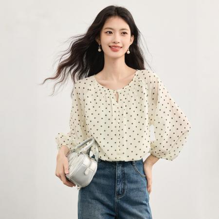 FA38846# 法式七分袖波点雪纺衫秋季新款优雅气质圆领衬衫上衣 服裝批發女裝批發服飾貨源