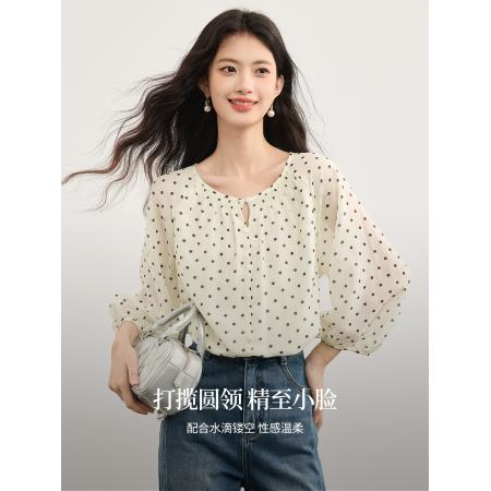 FA38846# 法式七分袖波点雪纺衫秋季新款优雅气质圆领衬衫上衣 服裝批發女裝批發服飾貨源
