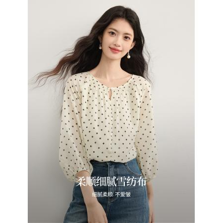 FA38846# 法式七分袖波点雪纺衫秋季新款优雅气质圆领衬衫上衣 服裝批發女裝批發服飾貨源