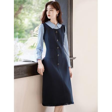 FA38847# 时尚假两件连衣裙女秋新款气质显瘦条纹衬衫领拼接长袖裙子 服裝批發女裝批發服飾貨源
