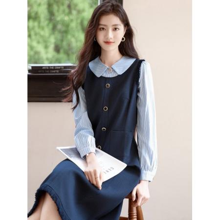 FA38847# 时尚假两件连衣裙女秋新款气质显瘦条纹衬衫领拼接长袖裙子 服裝批發女裝批發服飾貨源