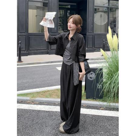 FA38851# 气质休闲衬衫格子吊带长裤套装女春秋大方得体穿搭流行爆款三件套 服裝批發女裝批發服飾貨源