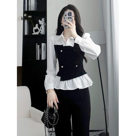 FA38852# 早秋穿搭黑色喇叭裤两件套女新款时尚高级感衬衫套装 服裝批發女裝批發服飾貨源