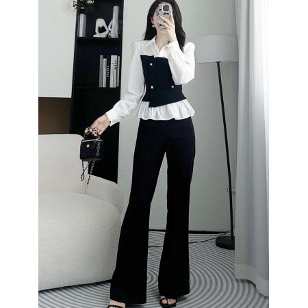 FA38852# 早秋穿搭黑色喇叭裤两件套女新款时尚高级感衬衫套装 服裝批發女裝批發服飾貨源