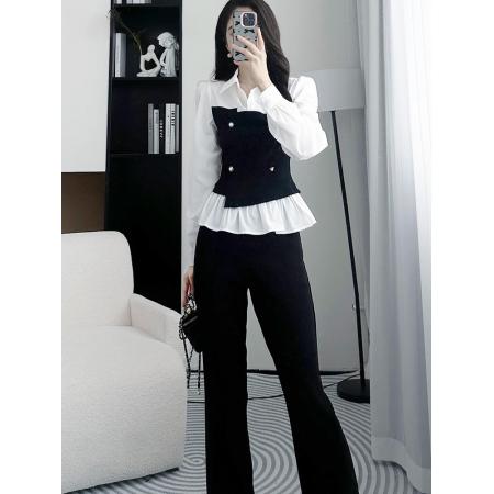 FA38852# 早秋穿搭黑色喇叭裤两件套女新款时尚高级感衬衫套装 服裝批發女裝批發服飾貨源