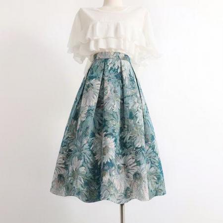 蓬蓬裙赫本裙新款遮跨显瘦a字裙青花瓷油画高腰大摆半身裙女 服裝批發女裝批發服飾貨源