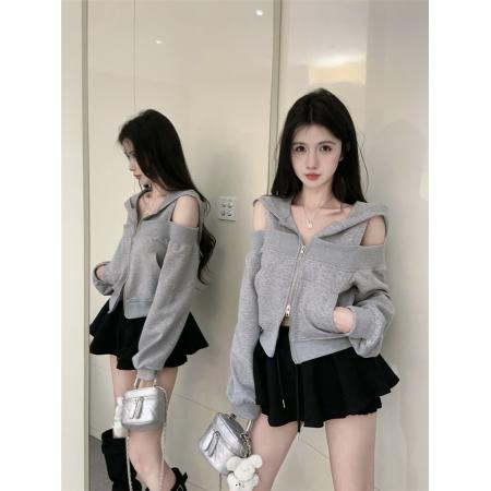 FA38866# 秋季新款韩版个性露肩高档显瘦洋气辣妹连帽卫衣外套 服裝批發女裝批發服飾貨源