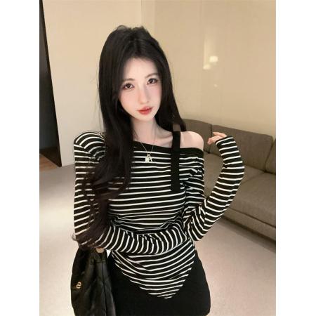 FA38868# 新款洋气斜肩领高档轻奢条纹百搭显瘦辣妹上衣T恤 服裝批發女裝批發服飾貨源