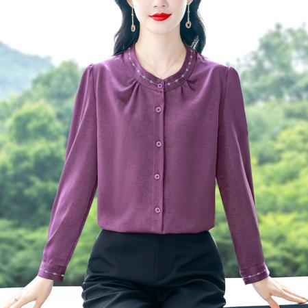 FA38871# 秋季新款绣花长袖衬衣高档缎面手抓花布料上衣时尚立领大码小衫 服裝批發女裝批發服飾貨源