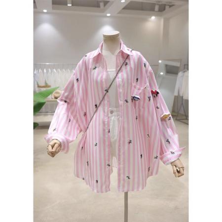 FA38874# 原版质量特大码300斤法式气质条纹刺绣立体卡通衬衫女 服裝批發女裝批發服飾貨源