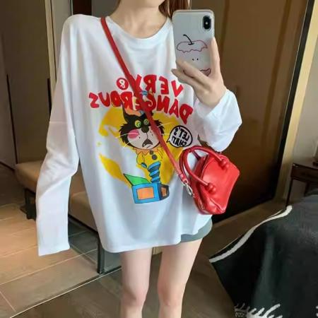 FA38877# 纯棉-秋装长袖T恤女宽松上衣印花 服裝批發女裝批發服飾貨源
