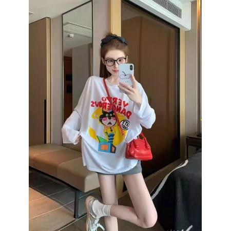 FA38877# 纯棉-秋装长袖T恤女宽松上衣印花 服裝批發女裝批發服飾貨源