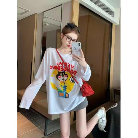 FA38877# 纯棉-秋装长袖T恤女宽松上衣印花 服裝批發女裝批發服飾貨源