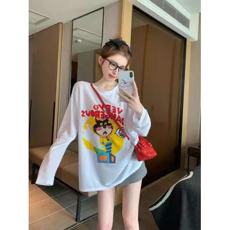FA38877# 纯棉-秋装长袖T恤女宽松上衣印花 服裝批發女裝批發服飾貨源