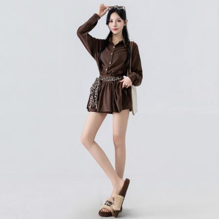 FA38878# 秋季女装美式复古豹纹休闲宽松显瘦上衣裤子套装 服裝批發女裝批發服飾貨源