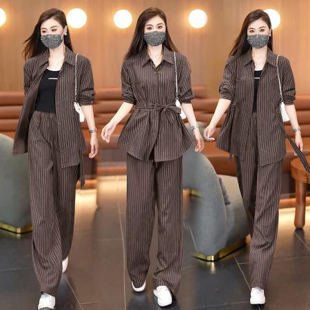 FA38883# 高级感衬衫套装秋季新款宽松系带上衣休闲裤两件套 服裝批發女裝批發服飾貨源