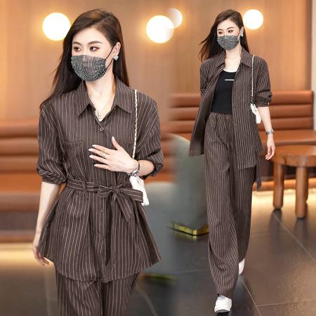 FA38883# 高级感衬衫套装秋季新款宽松系带上衣休闲裤两件套 服裝批發女裝批發服飾貨源