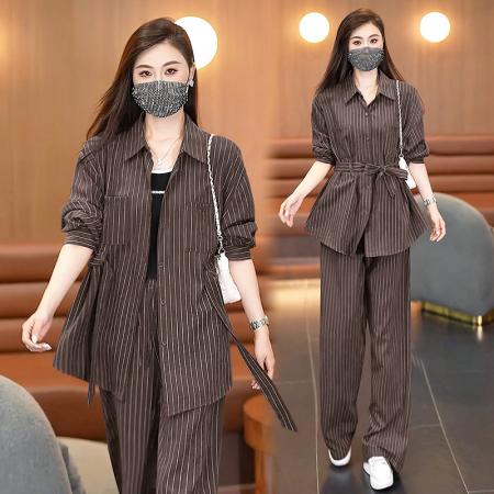 FA38883# 高级感衬衫套装秋季新款宽松系带上衣休闲裤两件套 服裝批發女裝批發服飾貨源