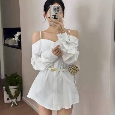 FA38885# 韩版一字肩吊带休闲长袖衬衫女装早秋新款高级感中长款衬衫裙 服裝批發女裝批發服飾貨源
