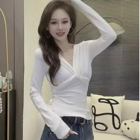 FA38896# 设计感交叉扭结长袖T恤女秋季新款时尚修身显瘦打底衫短上衣 服裝批發女裝批發服飾貨源