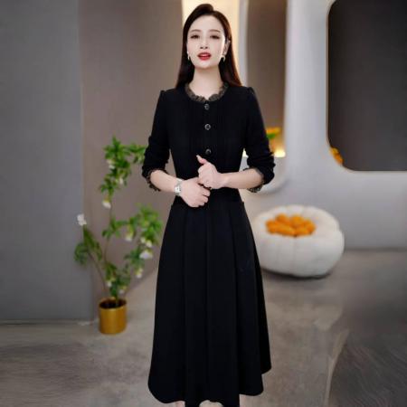 FA38899# 黑色春款连衣裙女长袖高档新款秋冬遮肚显瘦假两件中长裙子 服裝批發女裝批發服飾貨源