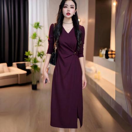 FA38900# 秋季新款樱桃红色V领收腰系带优雅时尚气质显瘦连衣裙M-4XL 服裝批發女裝批發服飾貨源