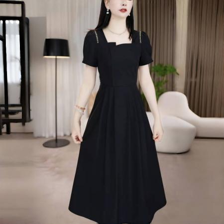 FA38901# 连衣裙女夏季新款气质收腰长款裙修身时尚高档法式赫本黑色裙 服裝批發女裝批發服飾貨源