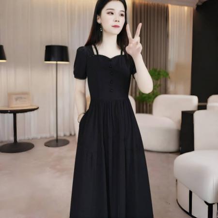 FA38905# 冰丝四面弹连衣裙显瘦气质夏季黑色收腰裙子显瘦气质夏季黑色收腰 服裝批發女裝批發服飾貨源