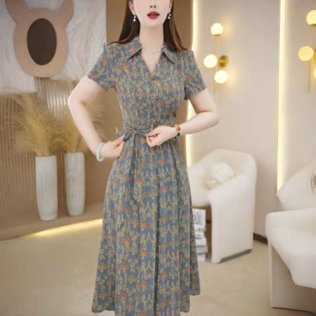 FA38906# 夏季新款碎花时尚连衣裙女气质印花遮肉显瘦中长款裙 服裝批發女裝批發服飾貨源