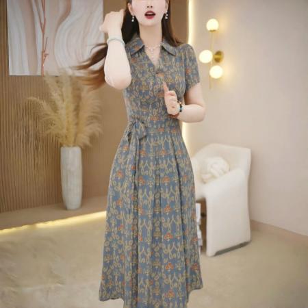 FA38906# 夏季新款碎花时尚连衣裙女气质印花遮肉显瘦中长款裙 服裝批發女裝批發服飾貨源