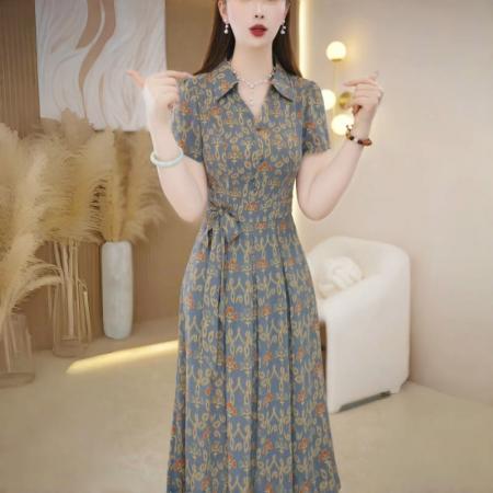 FA38906# 夏季新款碎花时尚连衣裙女气质印花遮肉显瘦中长款裙 服裝批發女裝批發服飾貨源